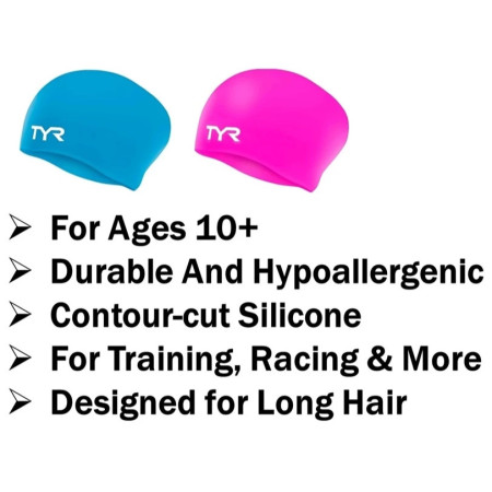 TYR Long Hair Silicone Swim Cap Youth Wrinkle-Free
